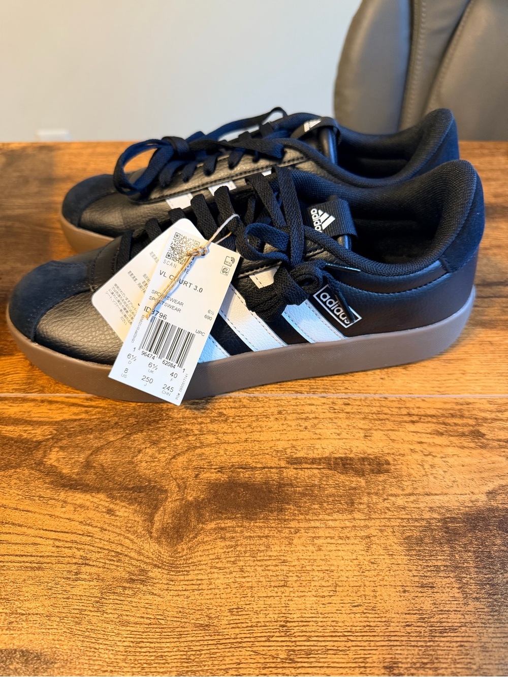 adidas Black Sneakers with White Stripes and Gum Outsole W8 - Picture 3 of 8